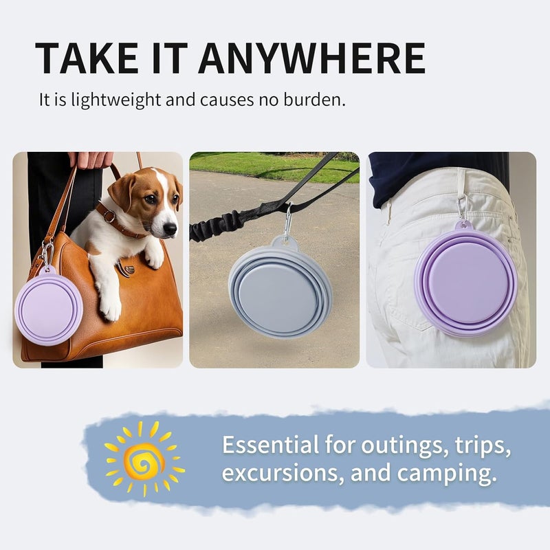 TECOPH Collapsible Dog Bowls 2-Pack, Portable Travel Dog Bowl with Carabiner, Food-Grade Silicone Pet Bowl for Hiking, Walking (22 OZ Macaron Blue and Violet) - Image 5